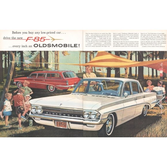 1961 Oldsmobile F-85 Sedan and Wagon 2 Page Vintage Print Ad Camping Trip Art - Picture 1 of 3